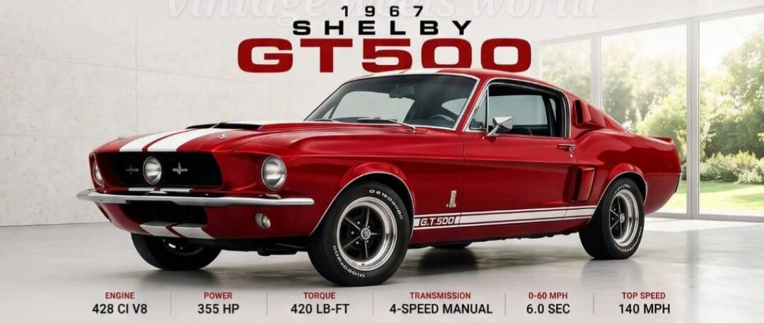 VINTAGE CARS WORLD 1967 SHELBY GT500 ENGINE 428 CI V8 POWER 355 HP TORQUE 420 LB-FT TRANSMISSION 4-SPEED MANUAL 0-60 MPH 6.0 SEC TOP SPEED 140 MPH