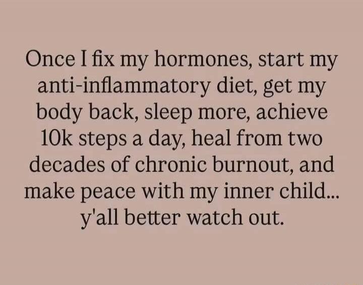 Once I fix my hormones, start my anti-inflammatory diet, get my body back, sleep more, achieve 10k steps a day, heal from two decades of chronic burnout, and make peace with my inner child... y'all better watch out.