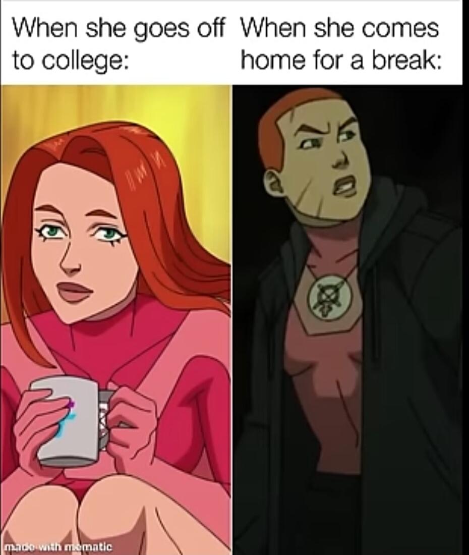 When she goes off When she comes to college home for a break