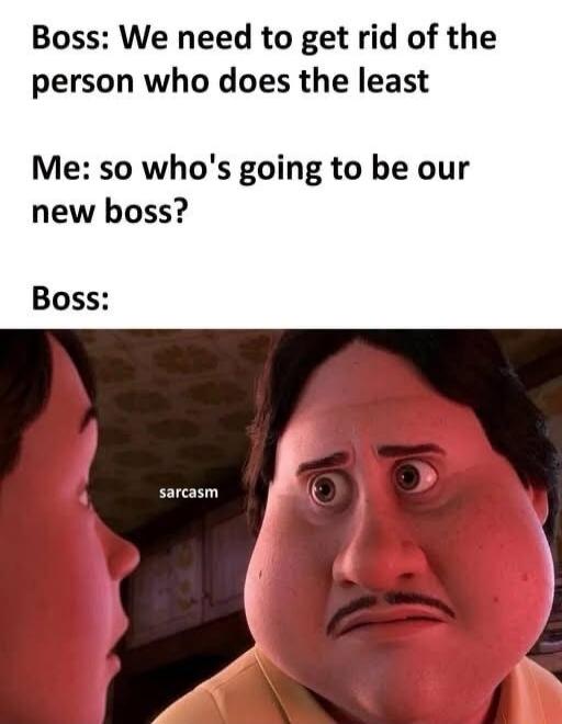 Boss: We need to get rid of the person who does the least. Me: So who's going to be our new boss? Boss: (sarcasm)