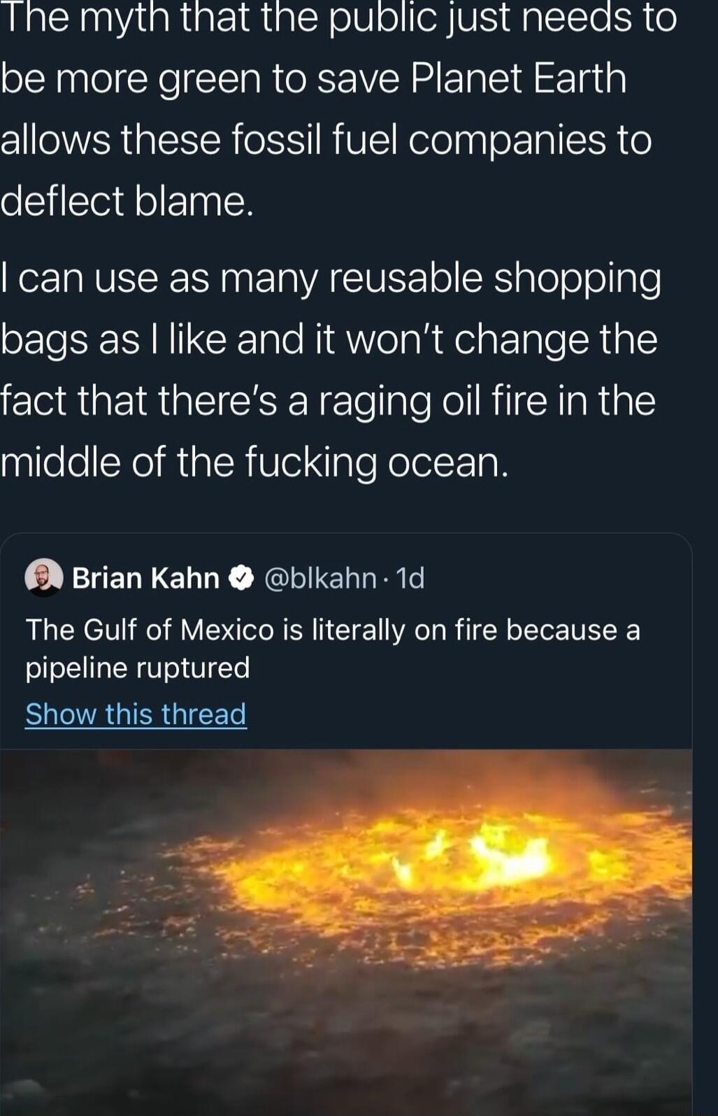 Ihe myth that the public just needs to be more green to save Planet Earth allows these fossil fuel companies to deflect blame can use as many reusable shopping bags as like and it wont change the fact that theres a raging oil fire in the middle of the fucking ocean 6 Brian Kahn blkahn 1d The Gulf of Mexico is literally on fire because a pipeline ruptured Show this thread