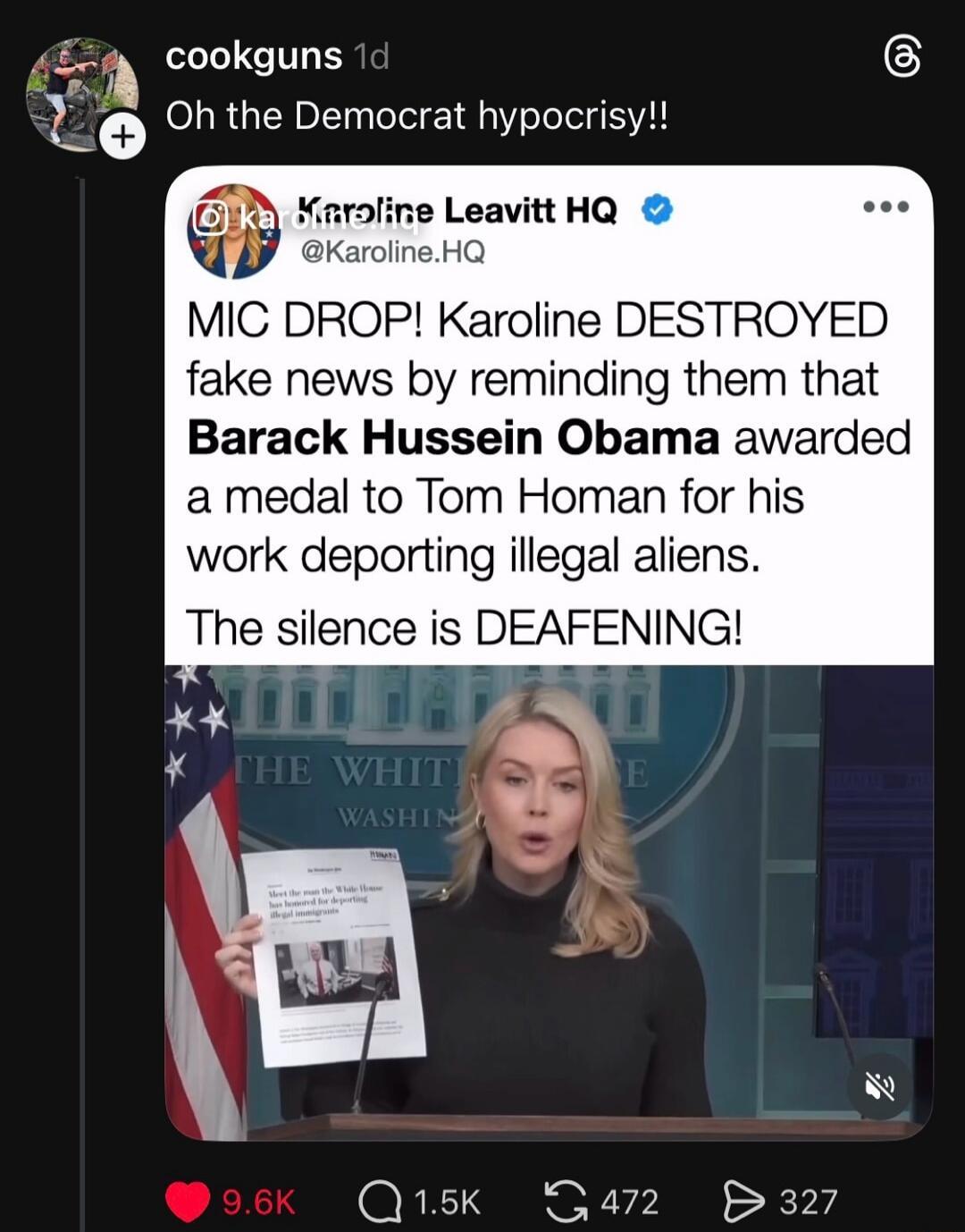 Oh the Democrat hypocrisy!! MIC DROP! Karoline DESTROYED fake news by reminding them that Barack Hussein Obama awarded a medal to Tom Homan for his work deporting illegal aliens. The silence is DEAFENING!