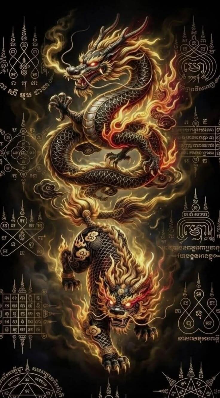 Two powerful mythical creatures, resembling dragons or lion-dragons, are depicted in a dark, fiery, and mystical setting. They are surrounded by golden flames and smoke. The background features intricate sacred geometric patterns and script, possibly Sak Yant or similar Southeast Asian protective symbols.