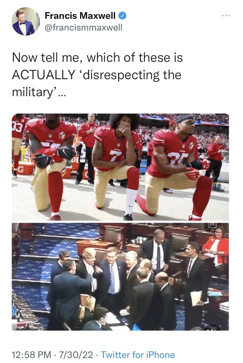 Francis Maxwell francismmaxwell Now tell me which of these is ACTUALLY disrespecting the military 1258 PM 73022 Twitter for iPhone