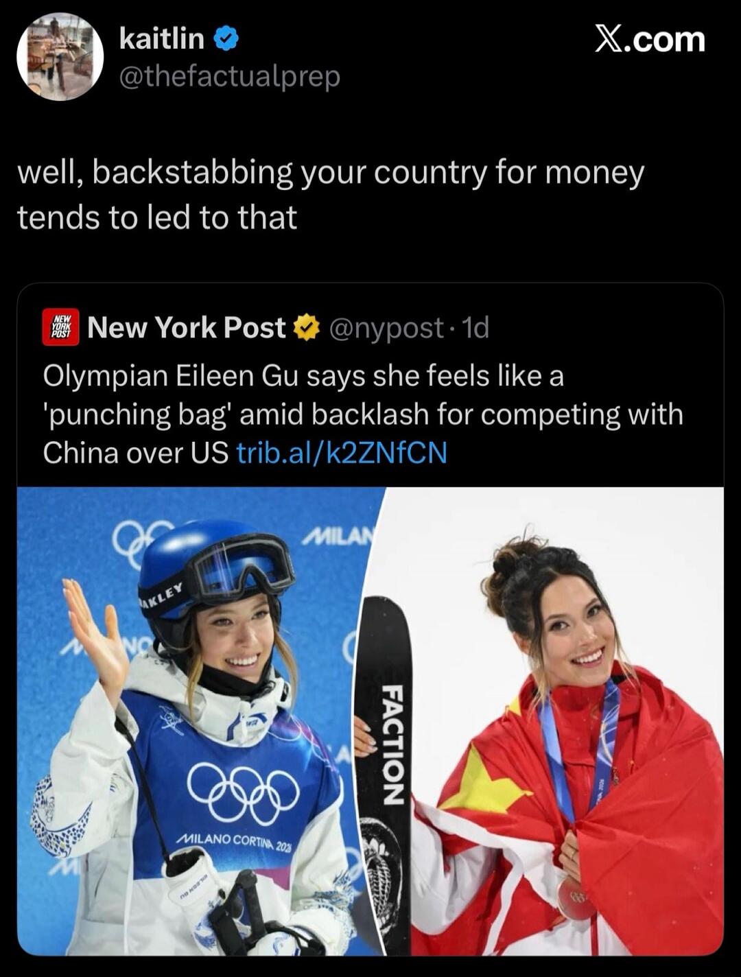 well, backstabbing your country for money tends to lead to that

New York Post @nypost: Olympic Eileen Gu says she feels like a 'punching bag' amidst backlash for competing with China over US