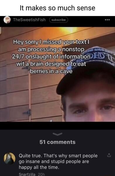 It makes so much sense Heysornyilimi amproces 247onslaughtofiinfor witfabrain designedit LU ESECEI 51 comments Quite true Thats why smart people go insane and stupid people are happy all the time