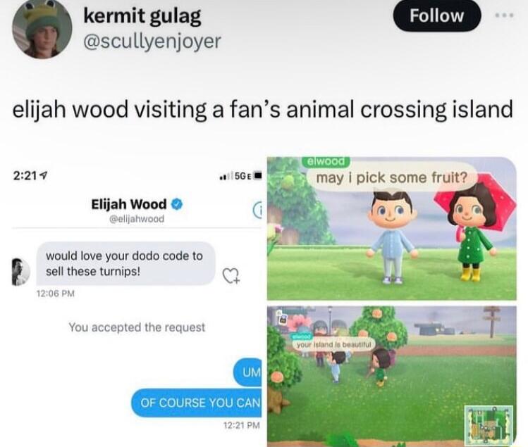 kermit gulag scullyenjoyer elijah wood visiting a fans animal crossing island 2ane ik some rutt Elijah Wood st e B oS a t