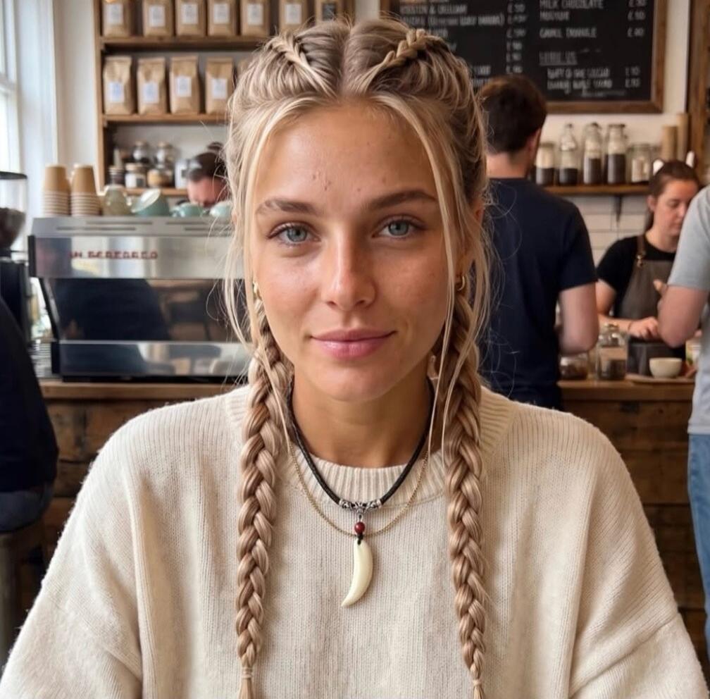A young blonde woman with braided hair is smiling slightly at the camera in a cafe. In the background, a menu board lists items like MILK CHOCOLATE, CARAMEL, ESPRESSO, AMERICANO, LATTE, CAPPUCCINO.