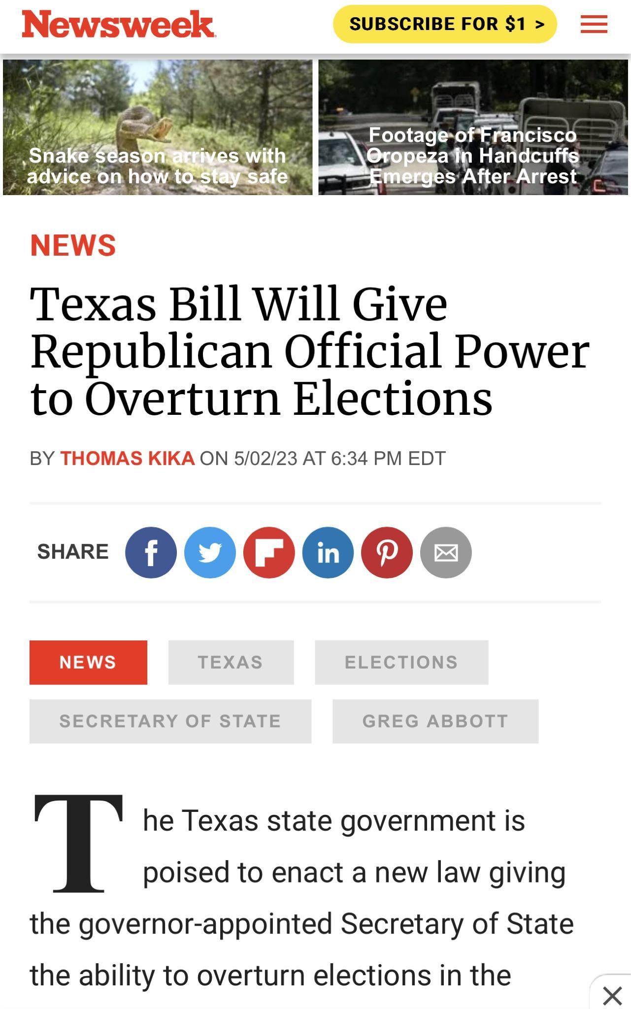 NEWS Texas Bill Will Give Republican Official Power to Overturn Elections BY THOMAS KIKA ON 50223 AT 634 PM EDT QOO0 SECRETARY OF STATE GREG ABBOTT he Texas state government is poised to enact a new law giving the governor appointed Secretary of State the ability to overturn elections in the