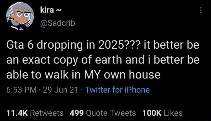 S Sadcrib Gta 6 dropping in 202577 it better be an exact copy of earth and i better be able to walk in MY own house 653 PM 29 Jun 21 Twitter for iPhone LRI QTSR b 1 NOIlol CR AT S v QRICH