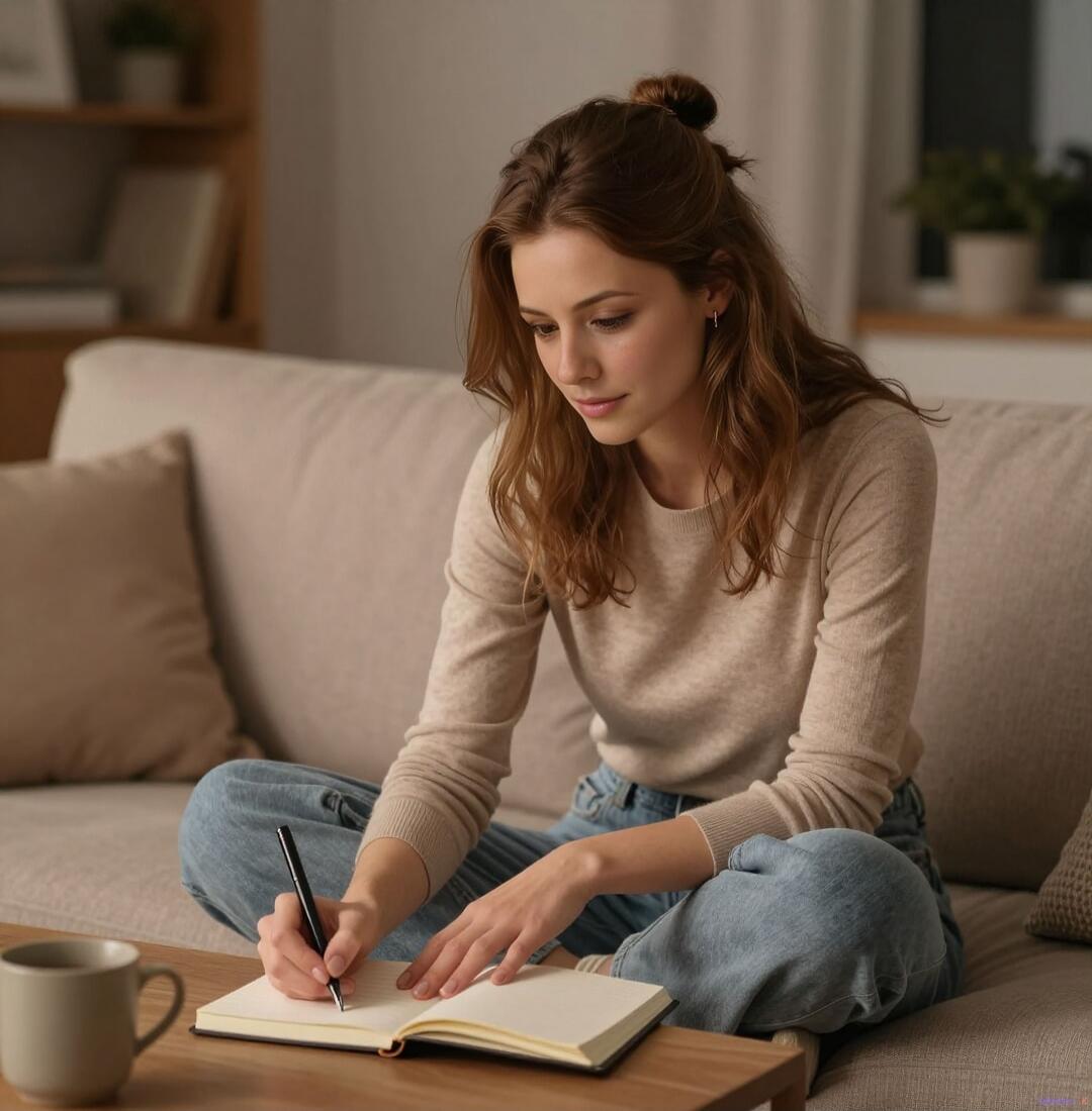 A young woman is sitting on a couch, writing in a notebook. She is wearing a beige sweater and blue jeans. There is a mug of coffee on the table in front of her.