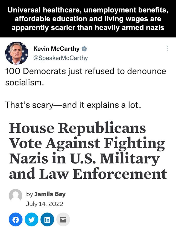 Universal healthcare unemployment benefits affordable education and living wages are ETEIER L IR GEL N CEW L EL I EF AR Kevin McCarthy SpeakerMcCarthy 100 Democrats just refused to denounce socialism Thats scaryand it explains a lot House Republicans Vote Against Fighting Nazis in US Military and Law Enforcement by Jamila Bey July14 2022 000