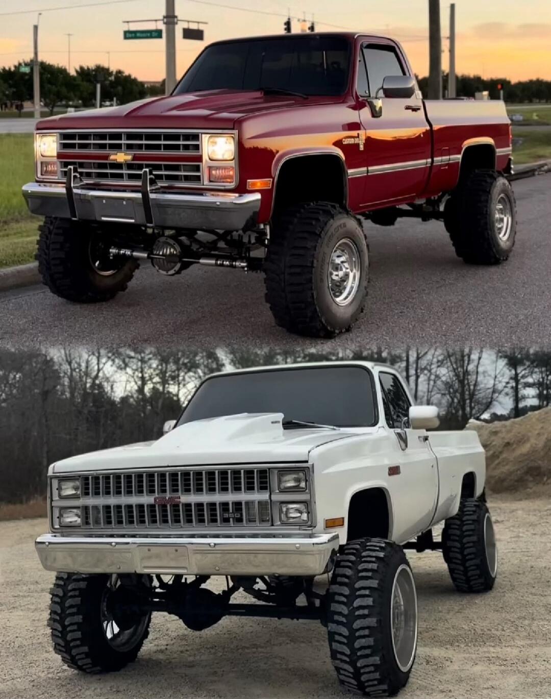 Two lifted pickup trucks are shown in a side-by-side setup. The top image features a red Chevrolet pickup with large off-road tires and a front bumper guard. The bottom image shows a white Chevrolet pickup with an extremely tall suspension lift and oversized tires.