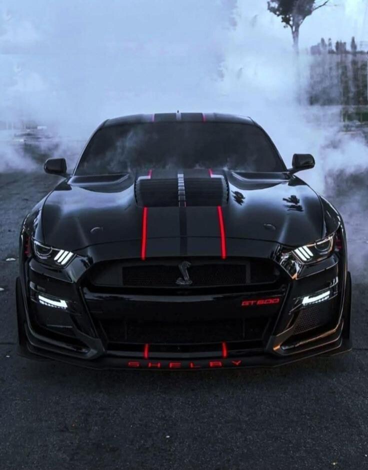 A black Ford Mustang Shelby GT500 with red racing stripes, surrounded by smoke. The text 'GT500' is visible on the grille and 'SHELBY' on the lower front bumper.