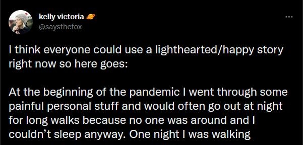 kelly victoria 1 think everyone could use a lightheartedhappy story right now so here goes At the beginning of the pandemic went through some painful personal stuff and would often go out at night for long walks because no one was around and couldnt sleep anyway One night was walking