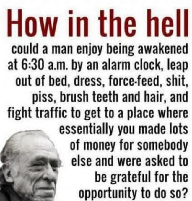How in the hell could a man enjoy being awakened at 6:30 a.m. by an alarm clock, leap out of bed, dress, force-feed, shit, piss, brush teeth and hair, and fight traffic to get to a place where essentially you made lots of money for somebody else and were asked to be grateful for the opportunity to do so?