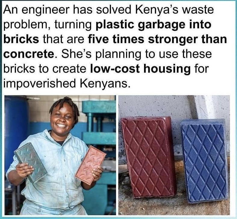 An engineer has solved Kenyas waste problem turning plastic garbage into bricks that are five times stronger than concrete Shes planning to use these bricks to create low cost housing for impoverished Kenyans