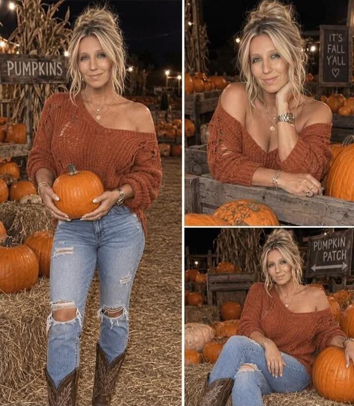 PUMPKINS IT'S FALL Y'ALL PUMPKIN PATCH A woman poses in a fall setting with pumpkins.