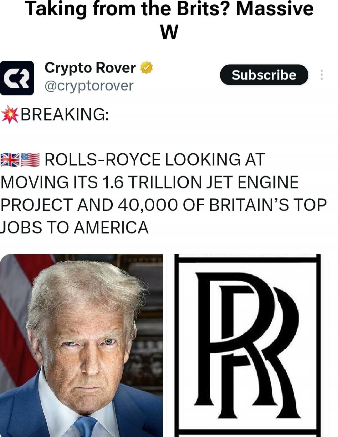 💥BREAKING: 🇬🇧 ROLLS-ROYCE LOOKING AT MOVING ITS 1.6 TRILLION JET ENGINE PROJECT AND 40,000 OF BRITAIN’S TOP JOBS TO AMERICA