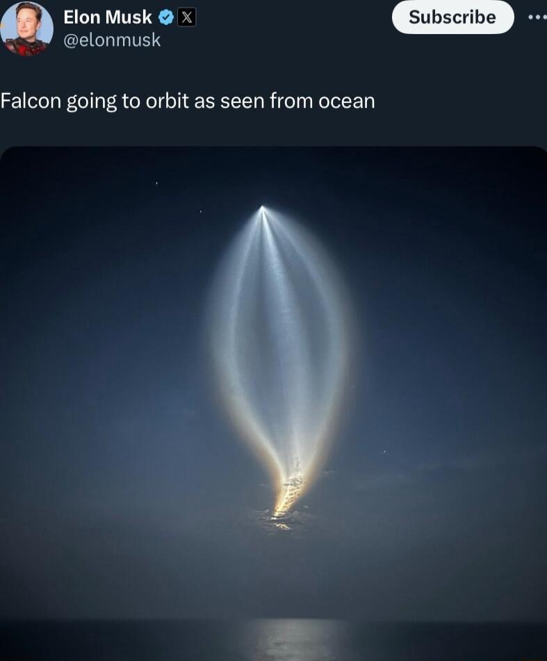 Elon Musk x Wl oelonmusk Falcon going to orbit as seen from ocean