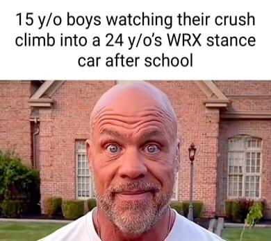 15 y0 boys watching their crush climb into a 24 yos WRX stance car after school