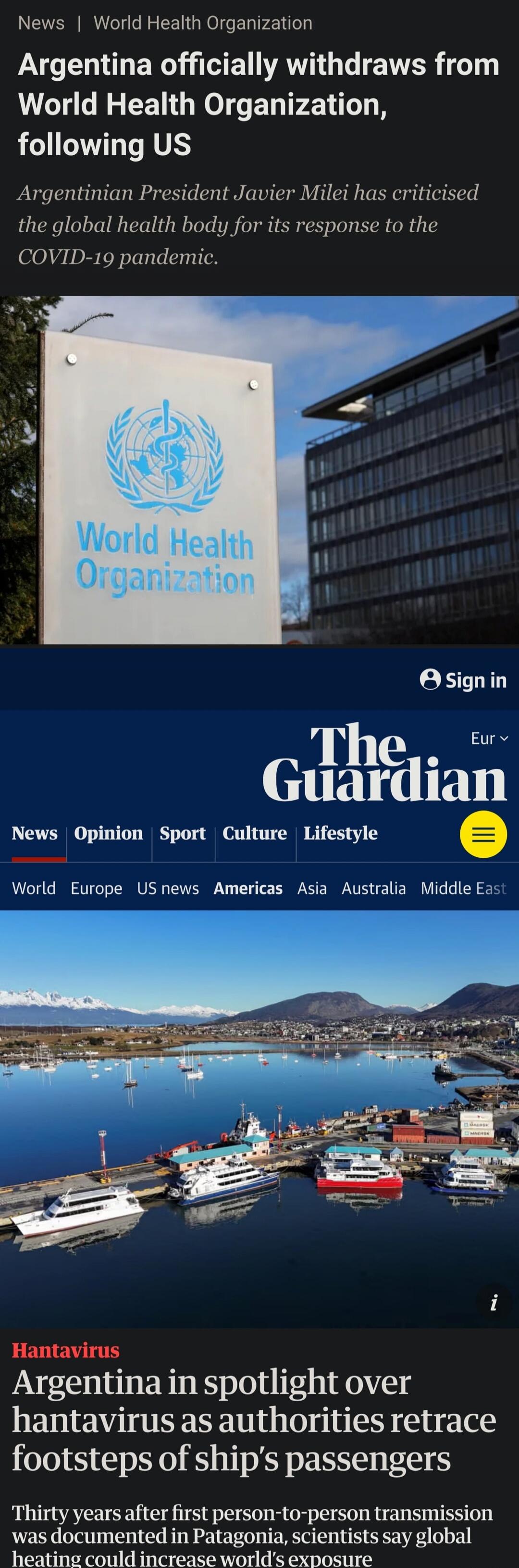 News | World Health Organization. Argentina officially withdraws from World Health Organization, following US. Argentinian President Javier Milei has criticised the global health body for its response to the COVID-19 pandemic. World Health Organization. The Guardian. Sign in. Eur. News Opinion Sport Culture Lifestyle. World Europe US news Americas 