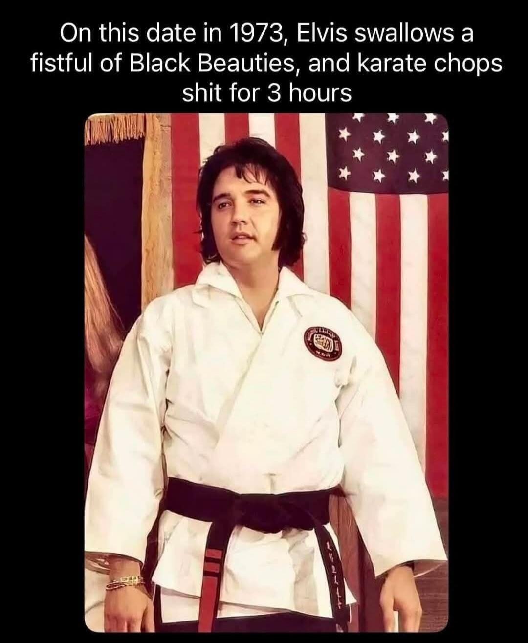 On this date in 1973, Elvis swallows a fistful of Black Beauties, and karate chops shit for 3 hours