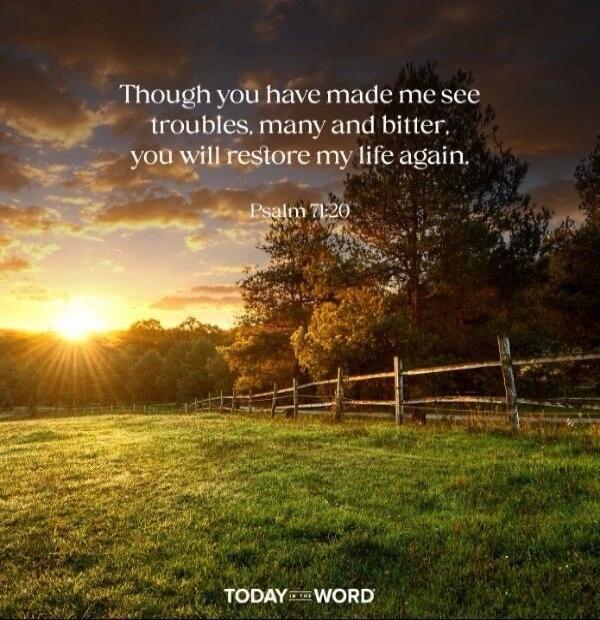 Though you have made me see troubles, many and bitter, you will restore my life again. Psalm 71:20