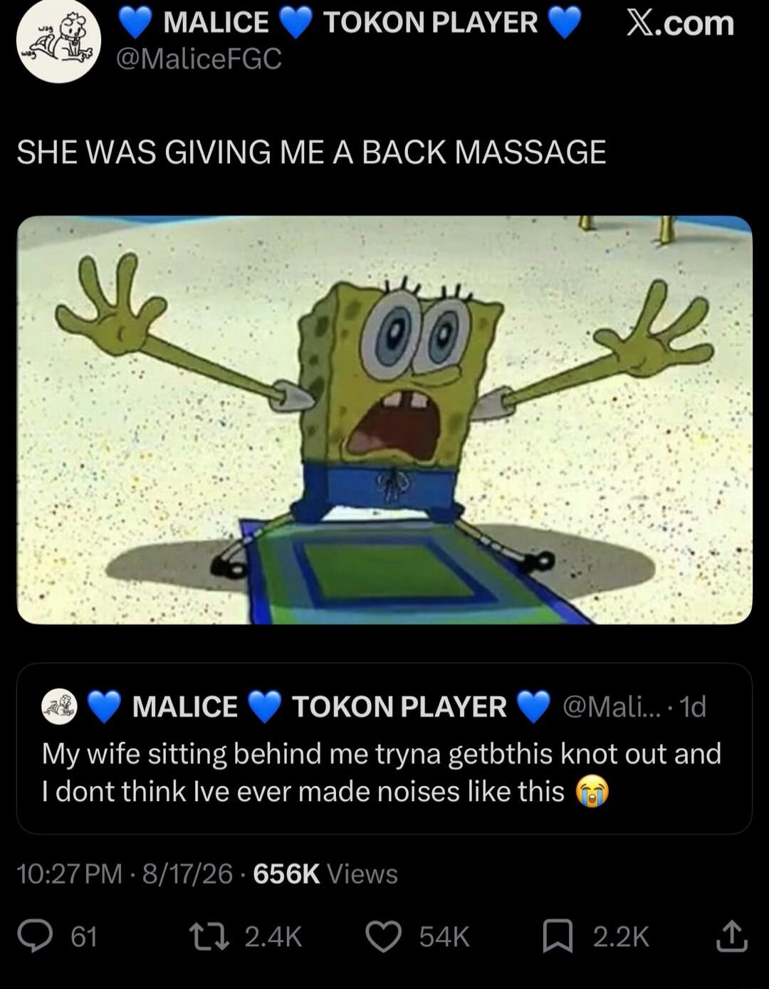 SHE WAS GIVING ME A BACK MASSAGE My wife sitting behind me tryna get this knot out and I don't think I've ever made noises like this 😭