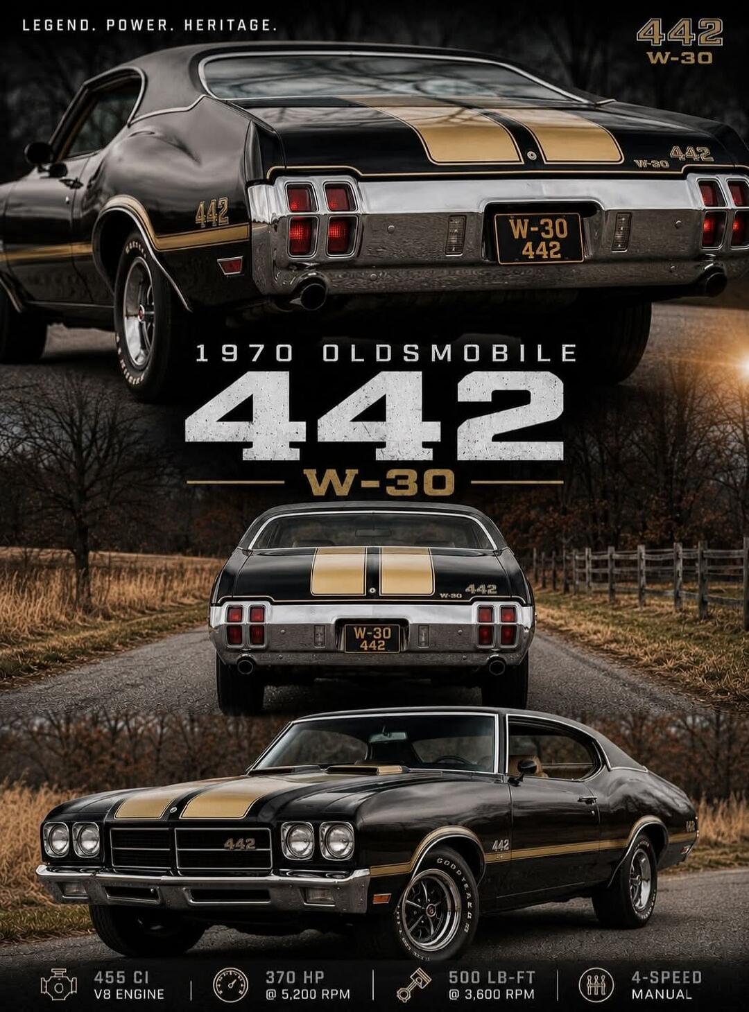 LEGEND. POWER. HERITAGE. 1970 OLDSMOBILE 442 W-30. 455 CI V8 ENGINE, 370 HP @ 5,200 RPM, 500 LB-FT @ 3,600 RPM, 4-SPEED MANUAL.
