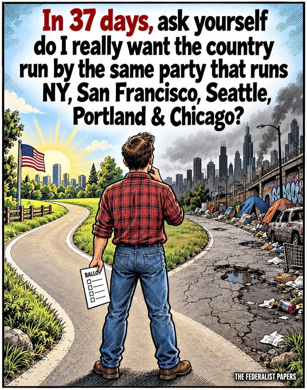 In 37 days, ask yourself do I really want the country run by the same party that runs NY, San Francisco, Seattle, Portland & Chicago? BALLOT THE FEDERALIST PAPERS