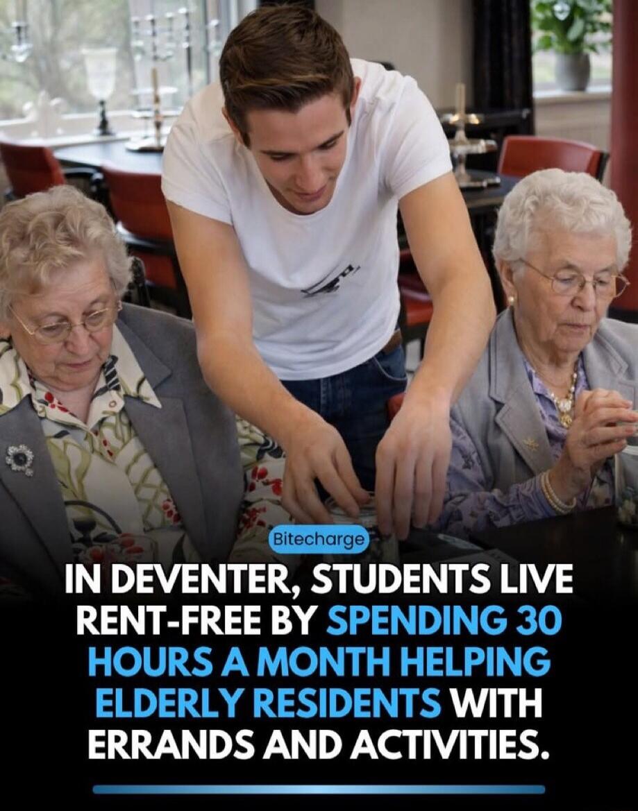 IN DEVENTER, STUDENTS LIVE RENT-FREE BY SPENDING 30 HOURS A MONTH HELPING ELDERLY RESIDENTS WITH ERRANDS AND ACTIVITIES.