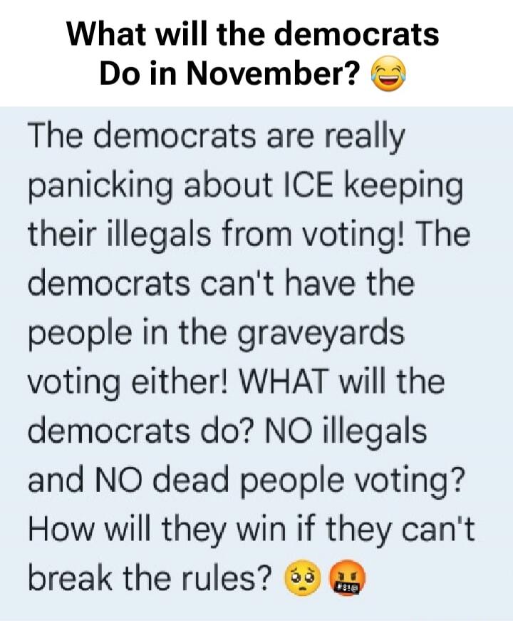 What will the democrats Do in November? 😂 The democrats are really panicking about ICE keeping their illegals from voting! The democrats can't have the people in the graveyards voting either! WHAT will the democrats do? NO illegals and NO dead people voting? How will they win if they can't break the rules? 🥺🤬