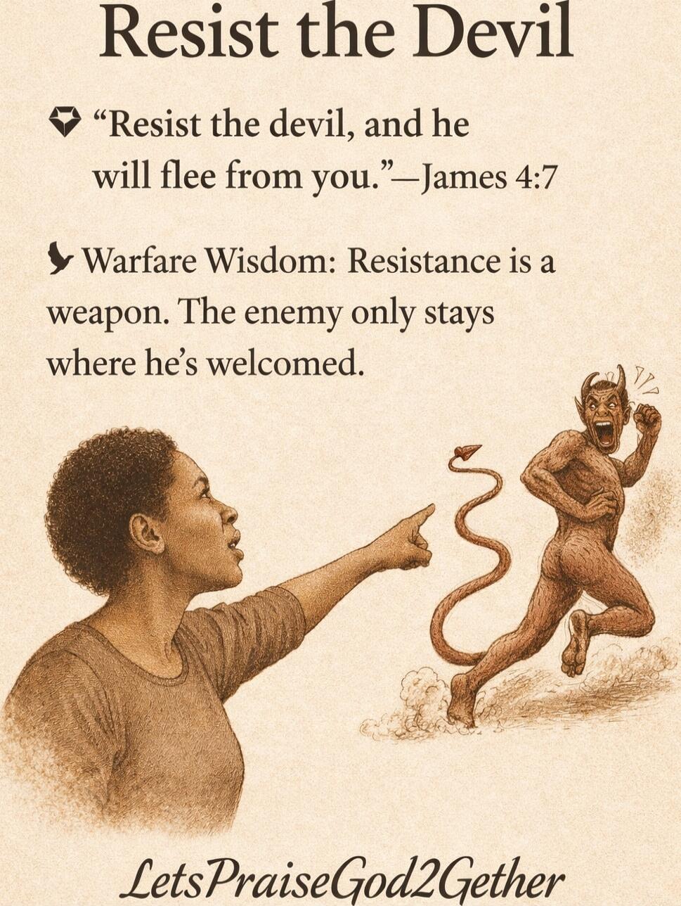 Resist the Devil
“Resist the devil, and he will flee from you.”—James 4:7
Warfare Wisdom: Resistance is a weapon. The enemy only stays where he’s welcomed.
LetsPraiseGod2Gether