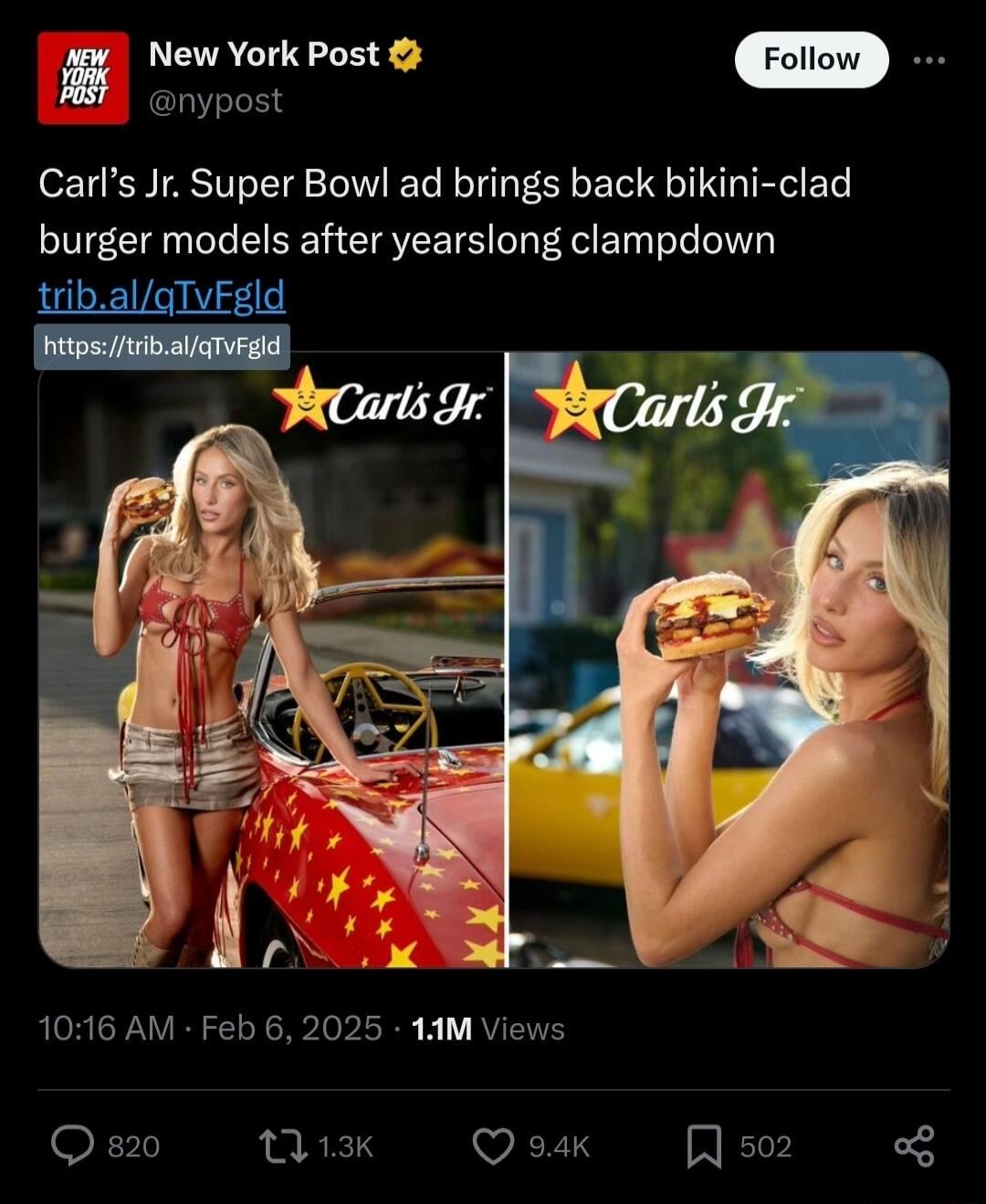 New York Post nypost Carls Jr Super Bowl ad brings back bikini clad burger models after yearslong clampdown tribalqTvEgld 1016 AM Feb 6 2025 1M Views Qa0 ik Qe o8