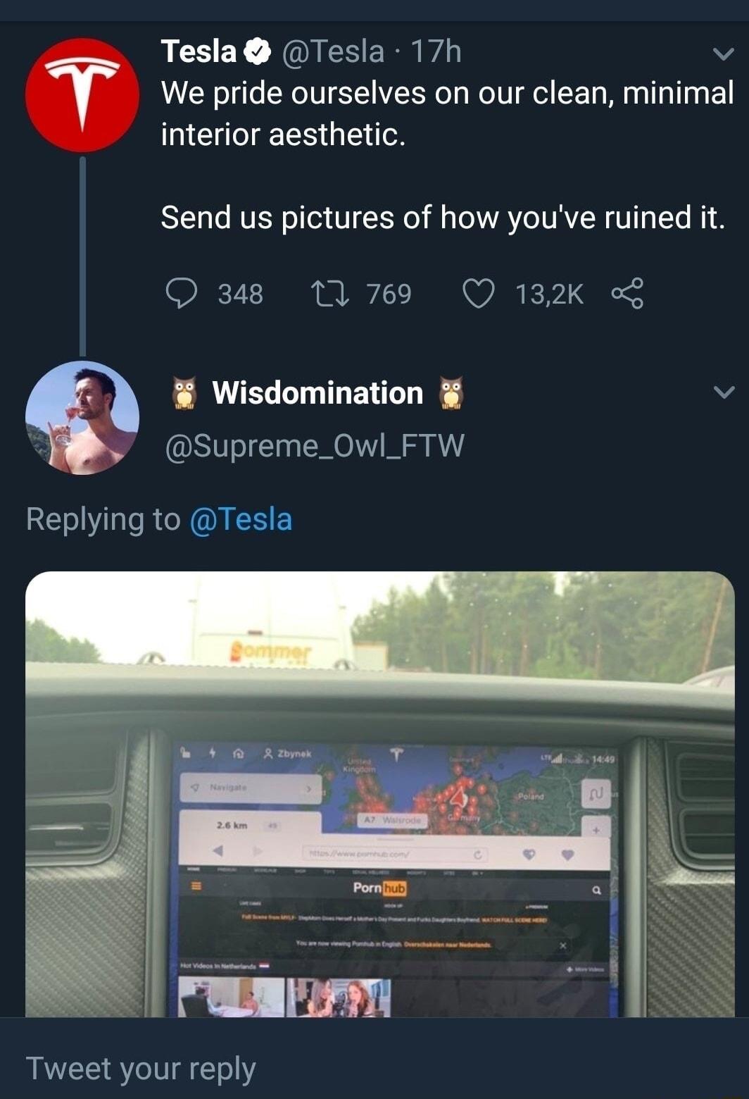 Tesla Tesla 17h v v We pride ourselves on our clean minimal interior aesthetic Send us pictures of how youve ruined it O 328 1769 Q 132K FRVEL LT BT v 3 Supreme_Ow_FTW RE VLR CXOICHE Tweet your reply