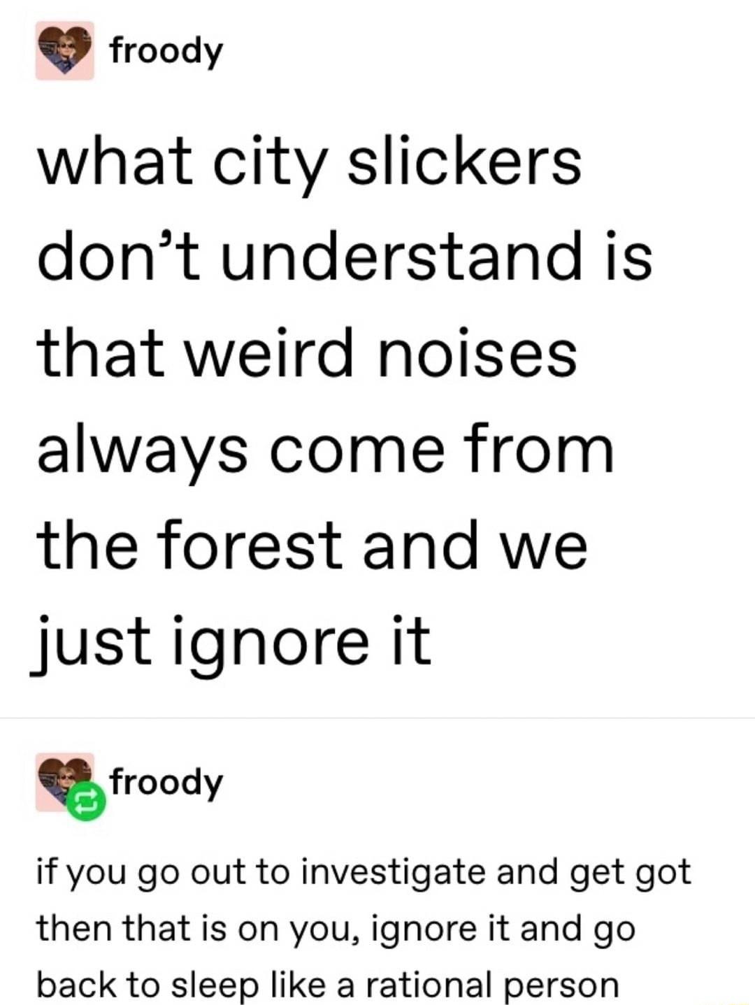 froody what city slickers dont understand is that weird noises always come from the forest and we justignore it froody if you go out to investigate and get got then that is on you ignore it and go back to sleep like a rational person