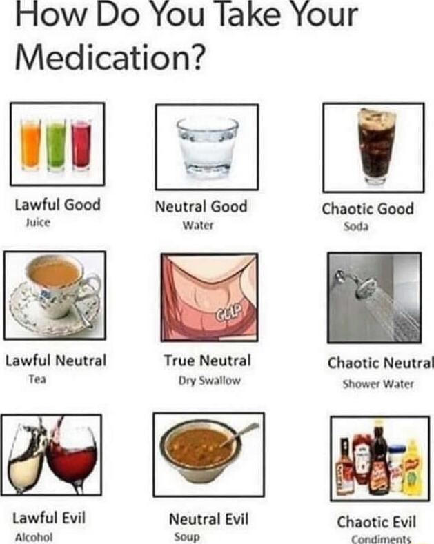 How Do You lake Your Medication e Lawful Good Neutral Good Chaotic Good uice water soda Lawful Neutral True Neutral Chaotic Neutral Tea Ory Swallow Shower Water Lawful Evil Neutral Evil Chaotic Evil Akohol Soup Gl