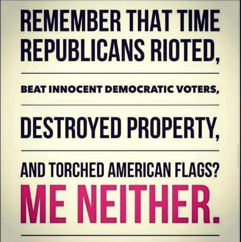 REMEMBER THAT TIME REPUBLICANS RIOTED, BEAT INNOCENT DEMOCRATIC VOTERS, DESTROYED PROPERTY, AND TORCHED AMERICAN FLAGS? ME NEITHER.