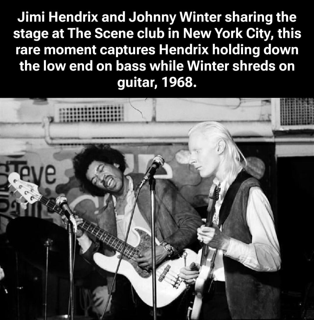 Jimi Hendrix and Johnny Winter sharing the stage at The Scene club in New York City, this rare moment captures Hendrix holding down the low end on bass while Winter shreds on guitar, 1968.
