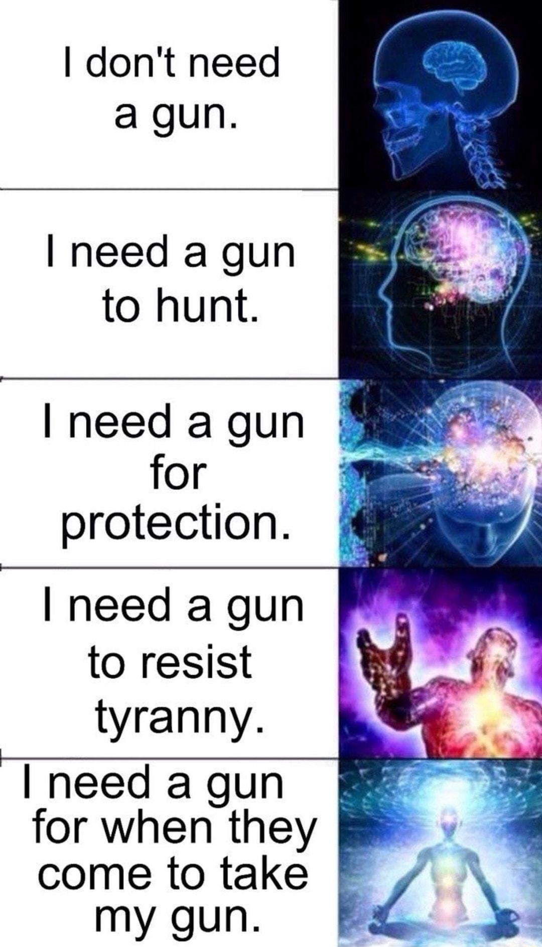 dont need agun I need a gun to hunt I need a gun for protection I need a gun to resist tyranny I need a gun for when they come to take mygun FL