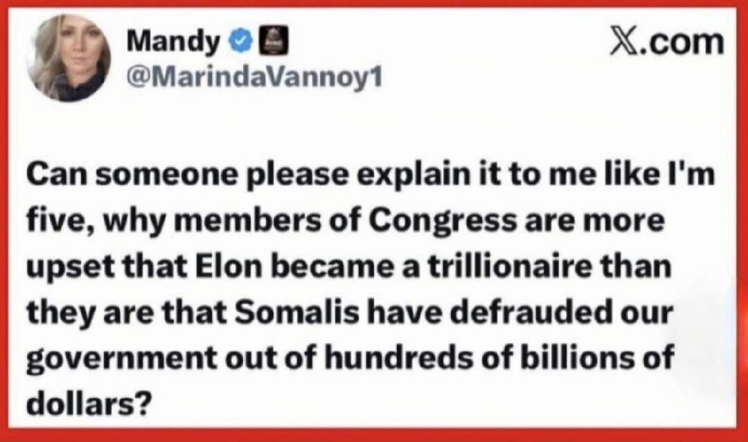 Mandy @MarindaVannoy1 X.com Can someone please explain it to me like I'm five, why members of Congress are more upset that Elon became a trillionaire than they are that Somalis have defrauded our government out of hundreds of billions of dollars?