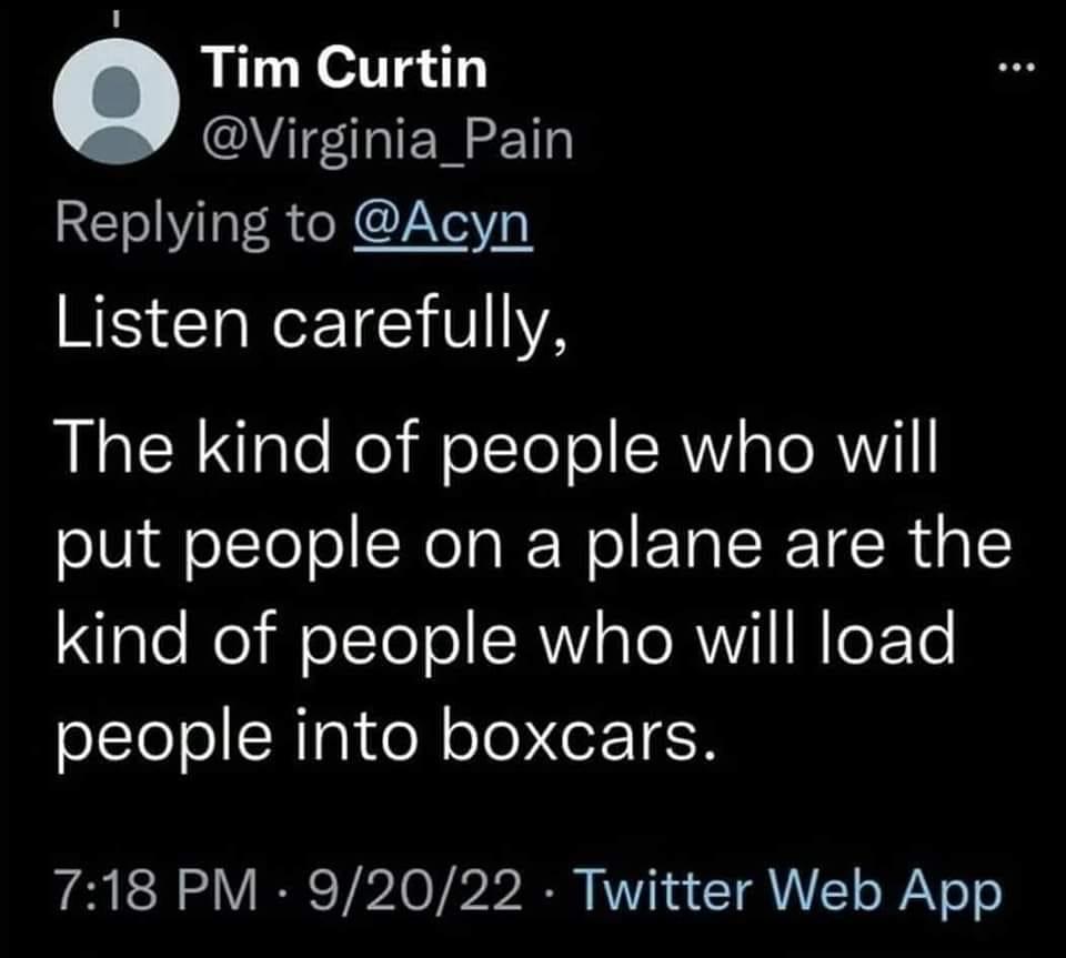Tim Curtin I IENEET Replying to Acyn RIS T RISV YA The kind of people who will put people on a plane are the kind of people who will load people into boxcars 718 PM 92022 Twitter Web App