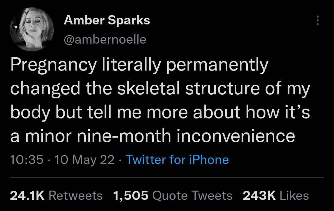 3 Amber Sparks W ambernoelle LT YA CIE WA g Tl changed the skeletal structure of my oToTo VA o1Vi i 11 M0 g TSN Te ToTo Ui ol a T WAL S a minor nine month inconvenience 1035 10 May 22 Twitter for iPhone 24 1K Retweets 1505 Quote Tweets 243K Likes