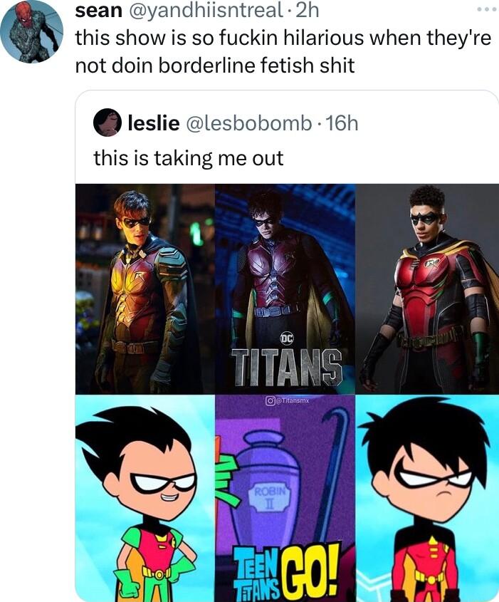 sean yandhiisntreal 2h this show is so fuckin hilarious when theyre not doin borderline fetish shit leslie lesbobomb 16h this is taking me out