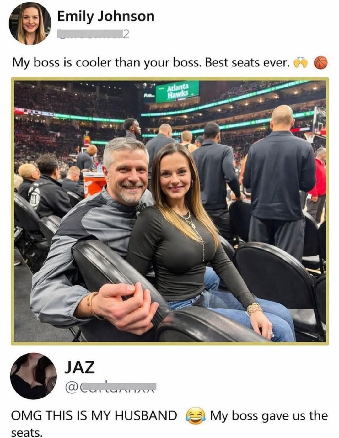 Emily Johnson My boss is cooler than your boss. Best seats ever. JAZ OMG THIS IS MY HUSBAND 😂 My boss gave us the seats.
