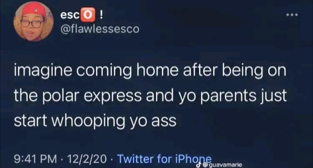 esc GETMEEEELT imagine coming home after being on the polar express and yo parents just S ERAalelelollale Ve 941 PM 12220 Twitter for iPhofig ue