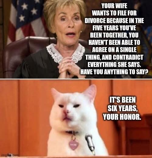 YOUR WIFE WANTS TO FILE FOR DIVORCE BECAUSE IN THE FIVE YEARS YOU'VE BEEN TOGETHER, YOU HAVEN'T BEEN ABLE TO AGREE ON A SINGLE THING, AND CONTRADICT EVERYTHING SHE SAYS. HAVE YOU ANYTHING TO SAY? IT'S BEEN SIX YEARS, YOUR HONOR.