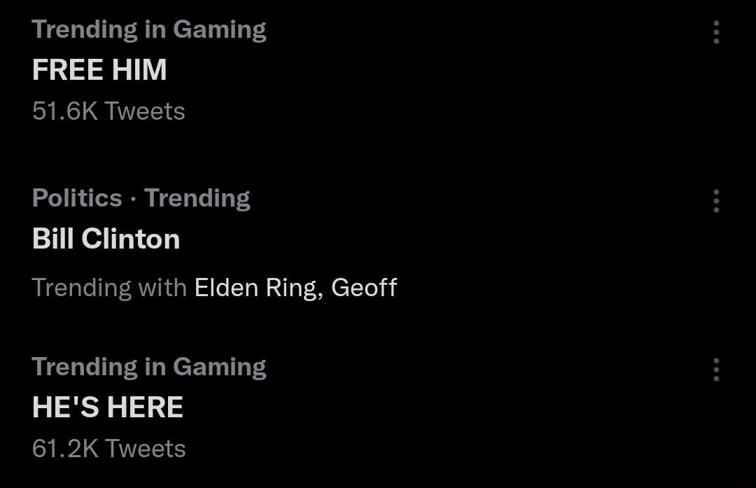 Trending in Gaming FREE HIM 516K Tweets Politics Trending Bill Clinton Trending with Elden Ring Geoff Trending in Gaming HES HERE 612K Tweets