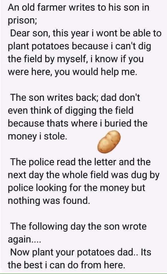 An old farmer writes to his son in prison Dear son this year i wont be able to plant potatoes because i cant dig the field by myself i know if you were here you would help me The son writes back dad dont even think of digging the field because thats where i buried the money i stole o The police read the letter and the next day the whole field was dug by police looking for the money but nothing was